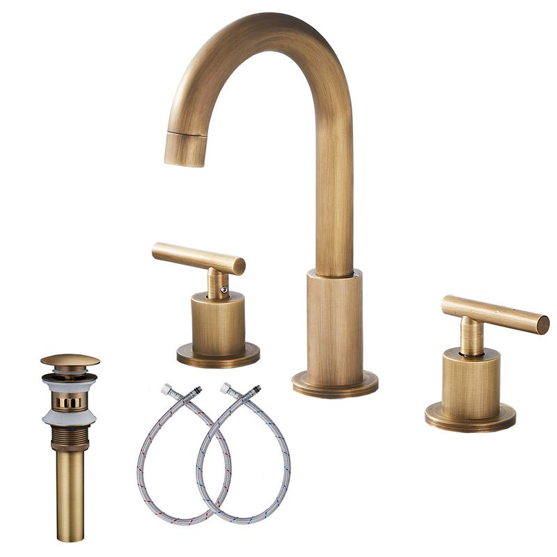 GGStudy 2-Handle Bathroom Faucet 3 Holes 360 Swivel Spout Antique Brass Widespread Bathroom Sink Faucet with Pop Up Drain - Image 1